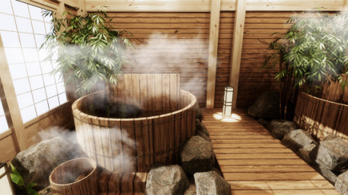 Japanese Onsen Hot Bath Spa Steam coming from hot water